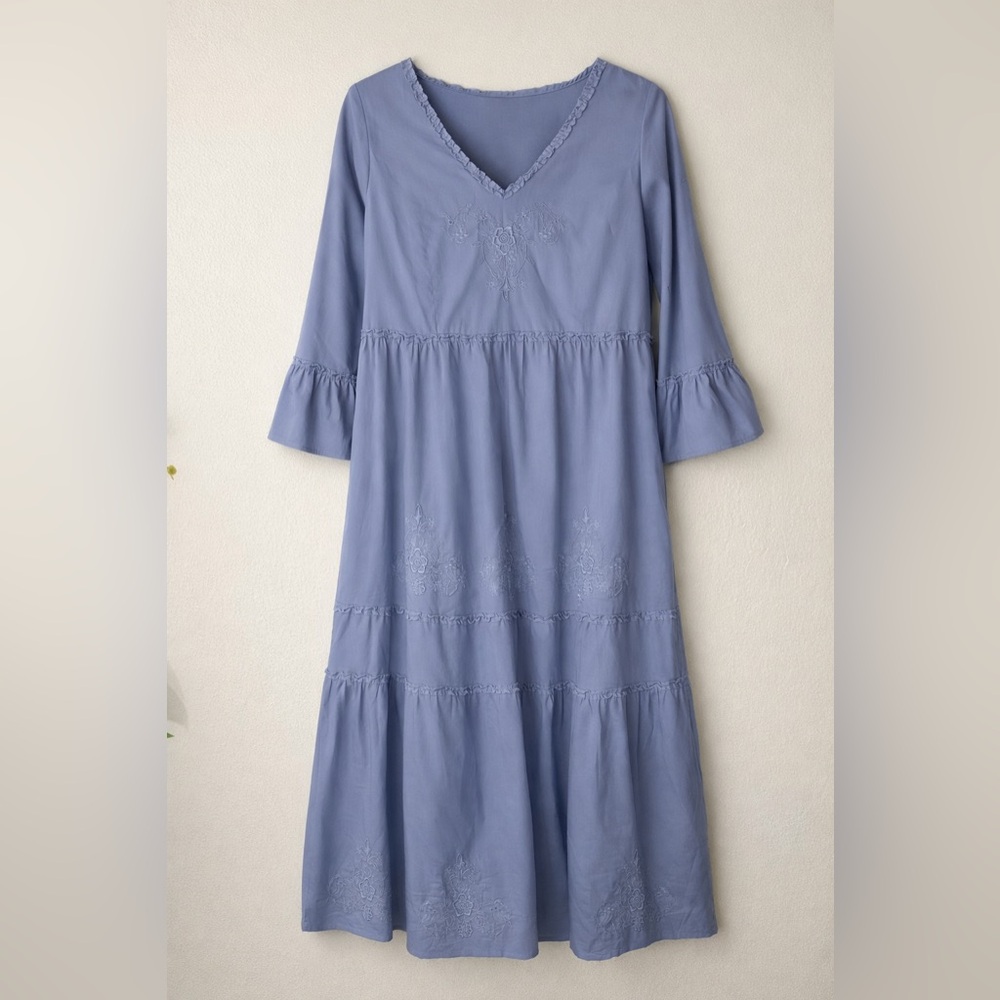 Soft surroundings blue embroidered 3/4 sleeve tiered midi dress
